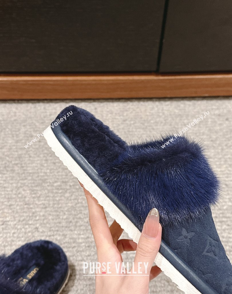 Louis Vuitton Suede and Mink Fur Flat Slippers Dark Blue 2024 LV101401 (KL-241014113)