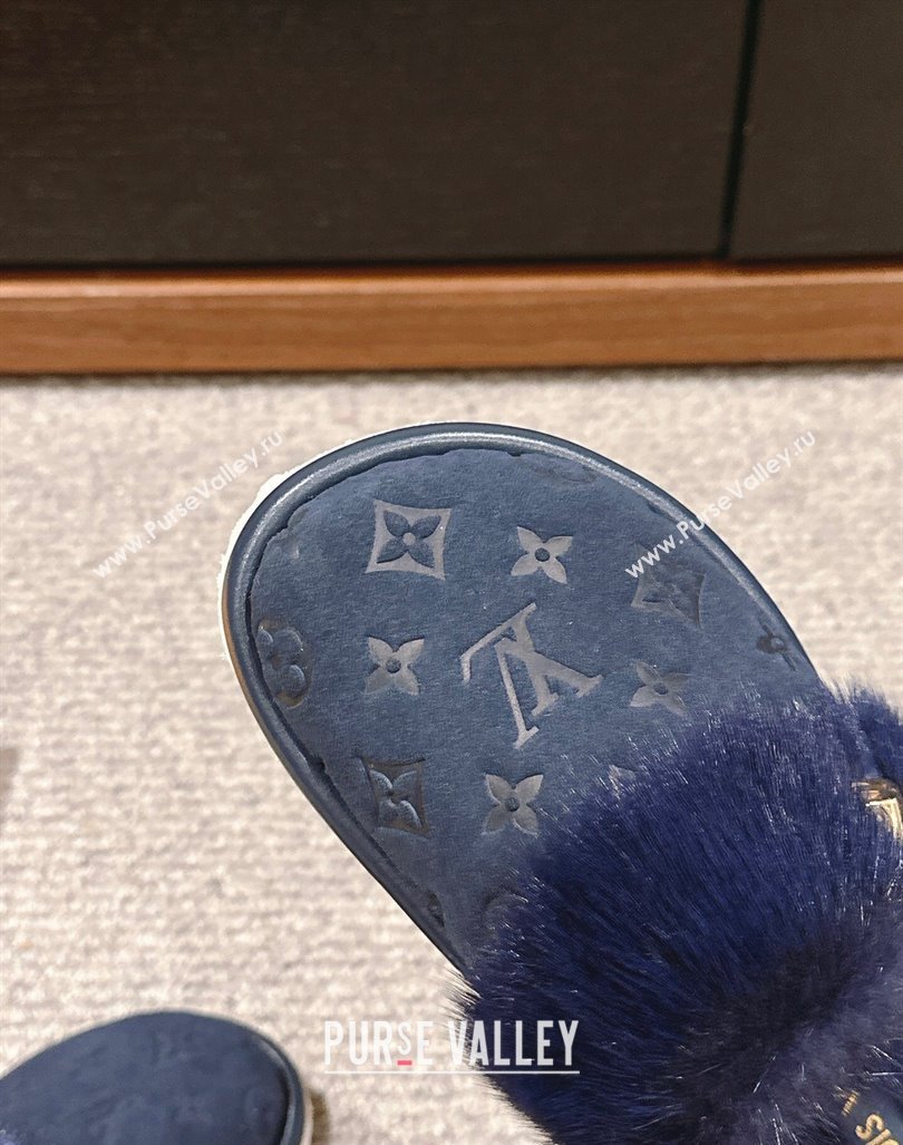 Louis Vuitton Suede and Mink Fur Flat Slippers Dark Blue 2024 LV101401 (KL-241014113)