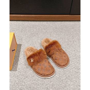 Louis Vuitton Suede and Mink Fur Flat Slippers Brown 2024 LV101401 (KL-241014114)