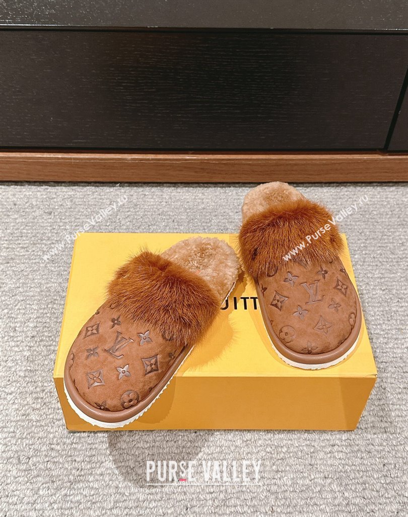 Louis Vuitton Suede and Mink Fur Flat Slippers Brown 2024 LV101401 (KL-241014114)