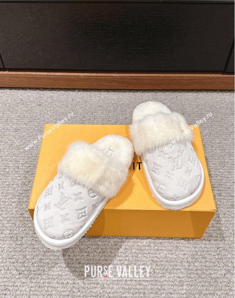 Louis Vuitton Suede and Mink Fur Flat Slippers White 2024 LV101401 (KL-241014110)