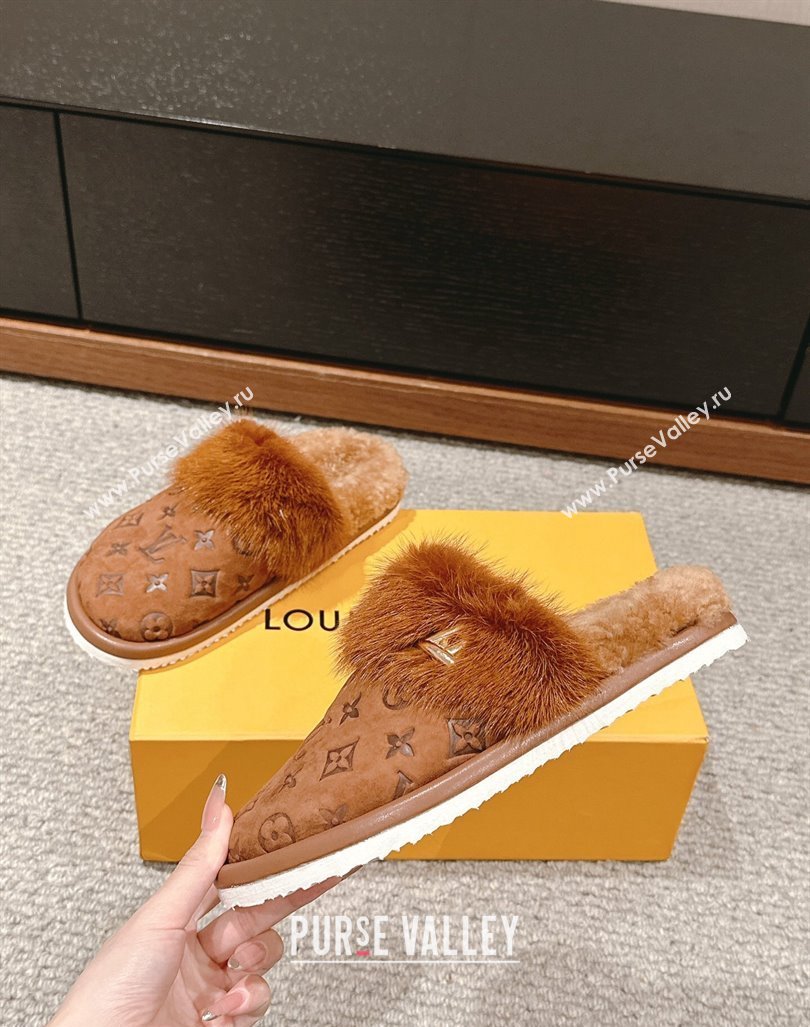 Louis Vuitton Suede and Mink Fur Flat Slippers Brown 2024 LV101401 (KL-241014114)