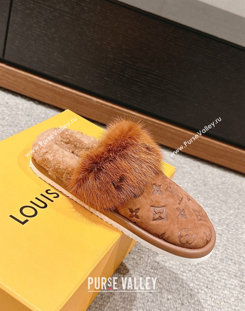 Louis Vuitton Suede and Mink Fur Flat Slippers Brown 2024 LV101401 (KL-241014114)