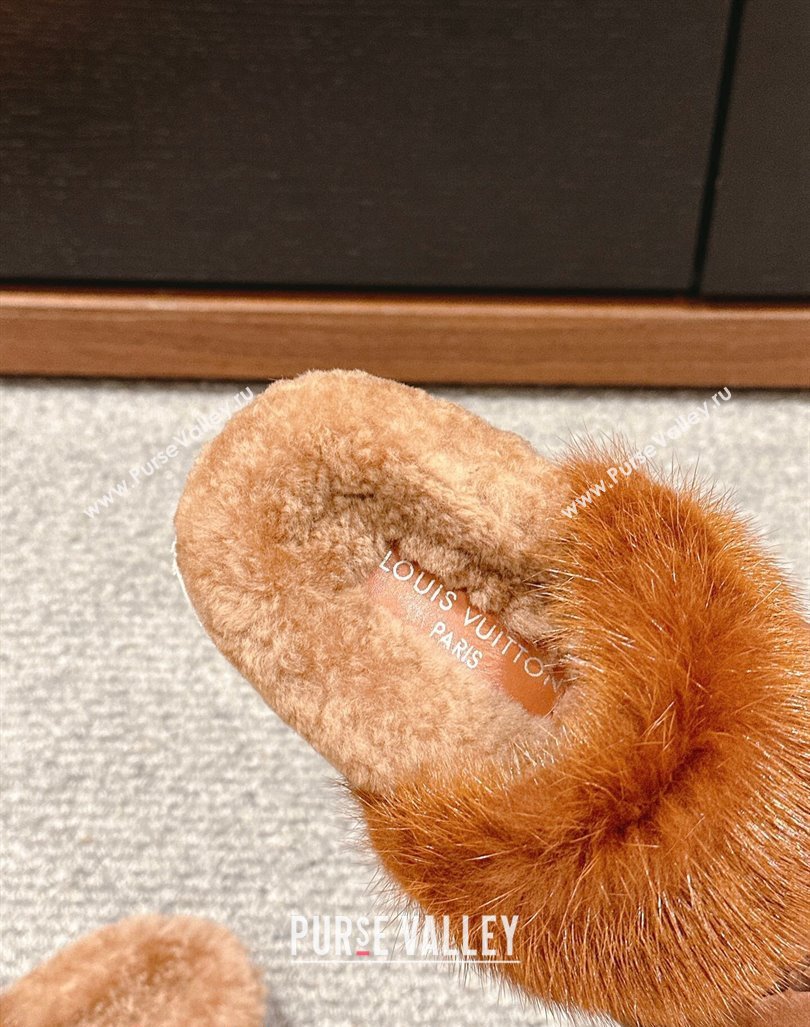 Louis Vuitton Suede and Mink Fur Flat Slippers Brown 2024 LV101401 (KL-241014114)