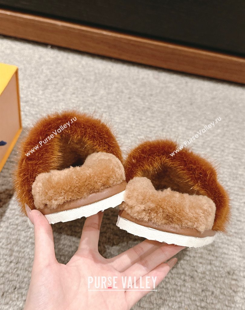 Louis Vuitton Suede and Mink Fur Flat Slippers Brown 2024 LV101401 (KL-241014114)