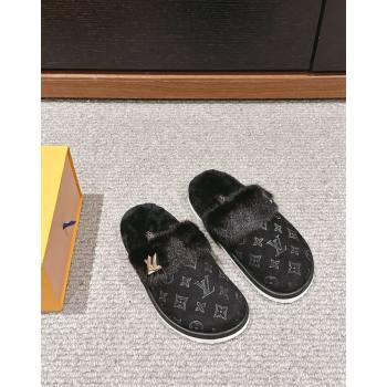 Louis Vuitton Suede and Mink Fur Flat Slippers Black 2024 LV101401 (KL-241014115)