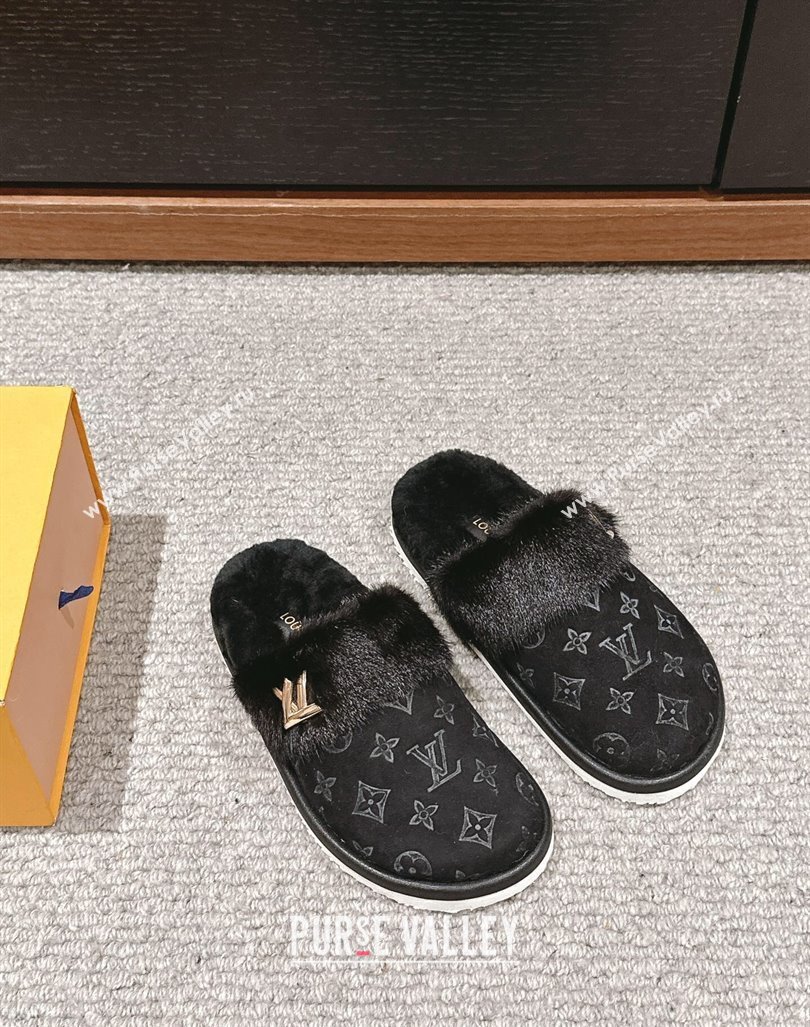 Louis Vuitton Suede and Mink Fur Flat Slippers Black 2024 LV101401 (KL-241014115)