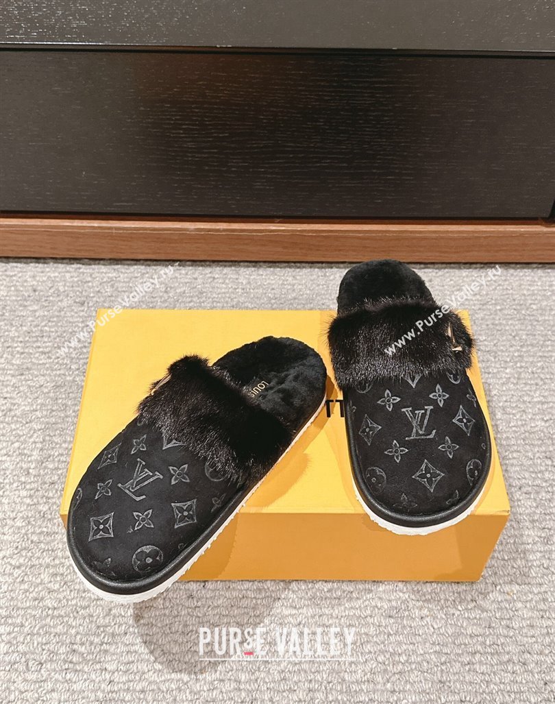 Louis Vuitton Suede and Mink Fur Flat Slippers Black 2024 LV101401 (KL-241014115)