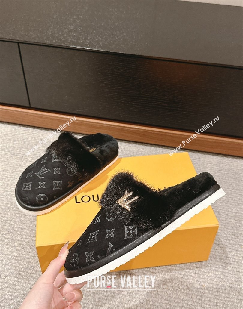 Louis Vuitton Suede and Mink Fur Flat Slippers Black 2024 LV101401 (KL-241014115)