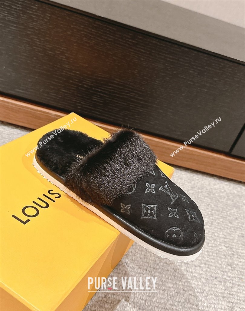 Louis Vuitton Suede and Mink Fur Flat Slippers Black 2024 LV101401 (KL-241014115)