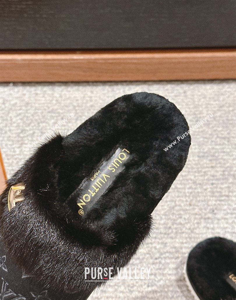 Louis Vuitton Suede and Mink Fur Flat Slippers Black 2024 LV101401 (KL-241014115)