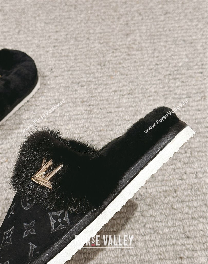 Louis Vuitton Suede and Mink Fur Flat Slippers Black 2024 LV101401 (KL-241014115)