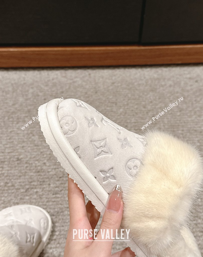 Louis Vuitton Suede and Mink Fur Flat Slippers White 2024 LV101401 (KL-241014110)