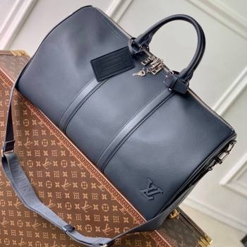 Louis Vuitton Keepall Bandouliere 50 Travel Bag in Ink Blue LV Aerogram Leather M11693 2024 (KI-241104086)