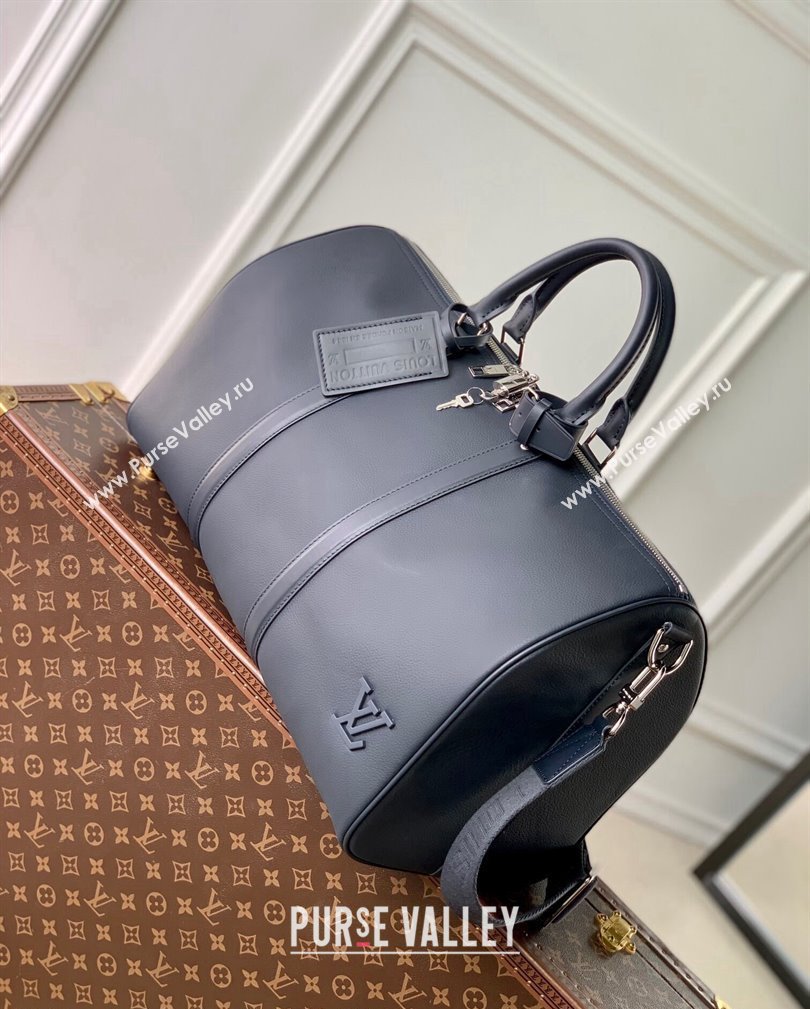 Louis Vuitton Keepall Bandouliere 50 Travel Bag in Ink Blue LV Aerogram Leather M11693 2024 (KI-241104086)