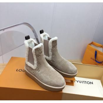 Louis Vuitton Aspen Chelsea Ankle Boots in Monogram Suede and Shearling Wool 1ADC7D Beige 2024 (KER-241114074)