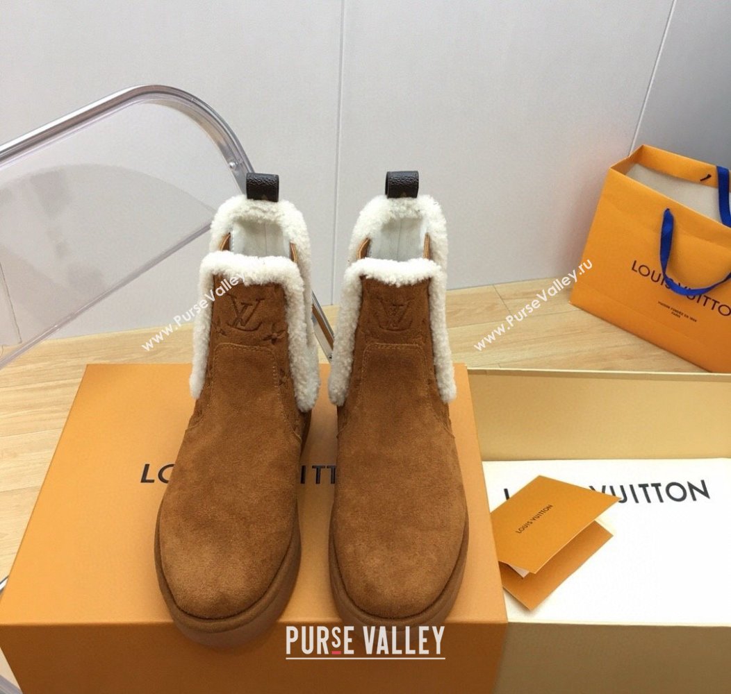 Louis Vuitton Aspen Chelsea Ankle Boots in Monogram Suede and Shearling Wool 1ADC7D Brown 2024 (KER-241114075)