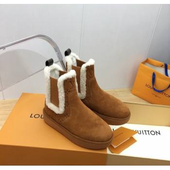 Louis Vuitton Aspen Chelsea Ankle Boots in Monogram Suede and Shearling Wool 1ADC7D Brown 2024 (KER-241114075)