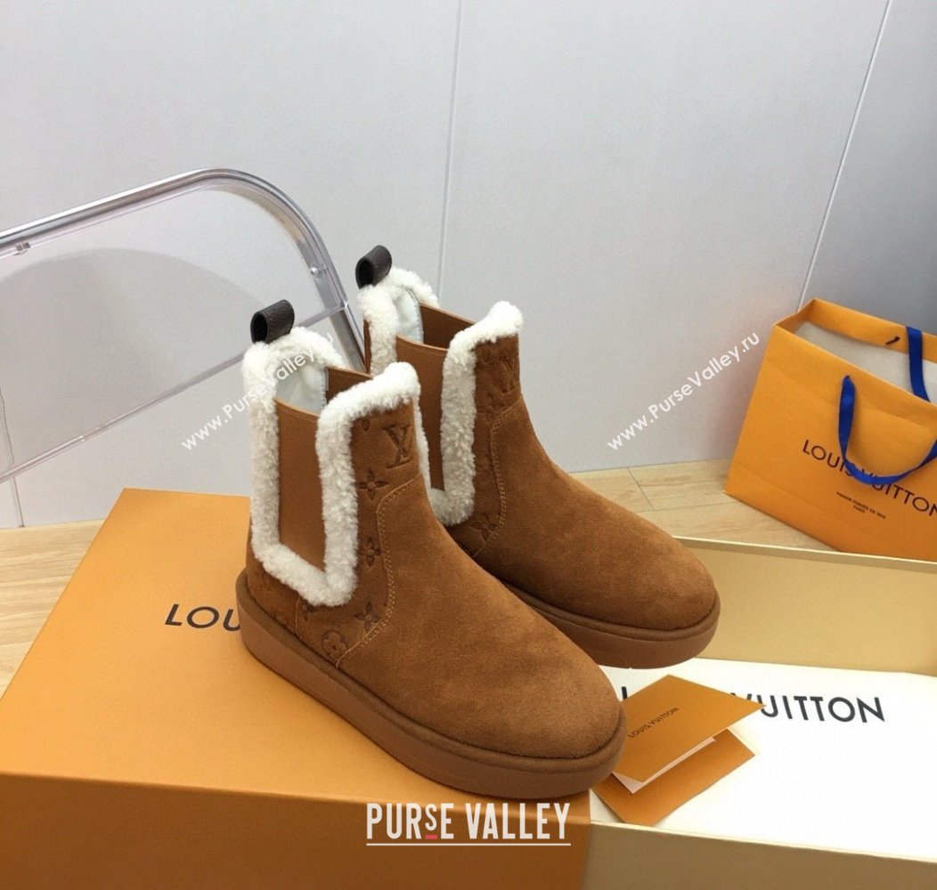 Louis Vuitton Aspen Chelsea Ankle Boots in Monogram Suede and Shearling Wool 1ADC7D Brown 2024 (KER-241114075)