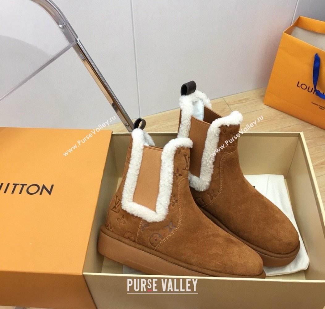 Louis Vuitton Aspen Chelsea Ankle Boots in Monogram Suede and Shearling Wool 1ADC7D Brown 2024 (KER-241114075)