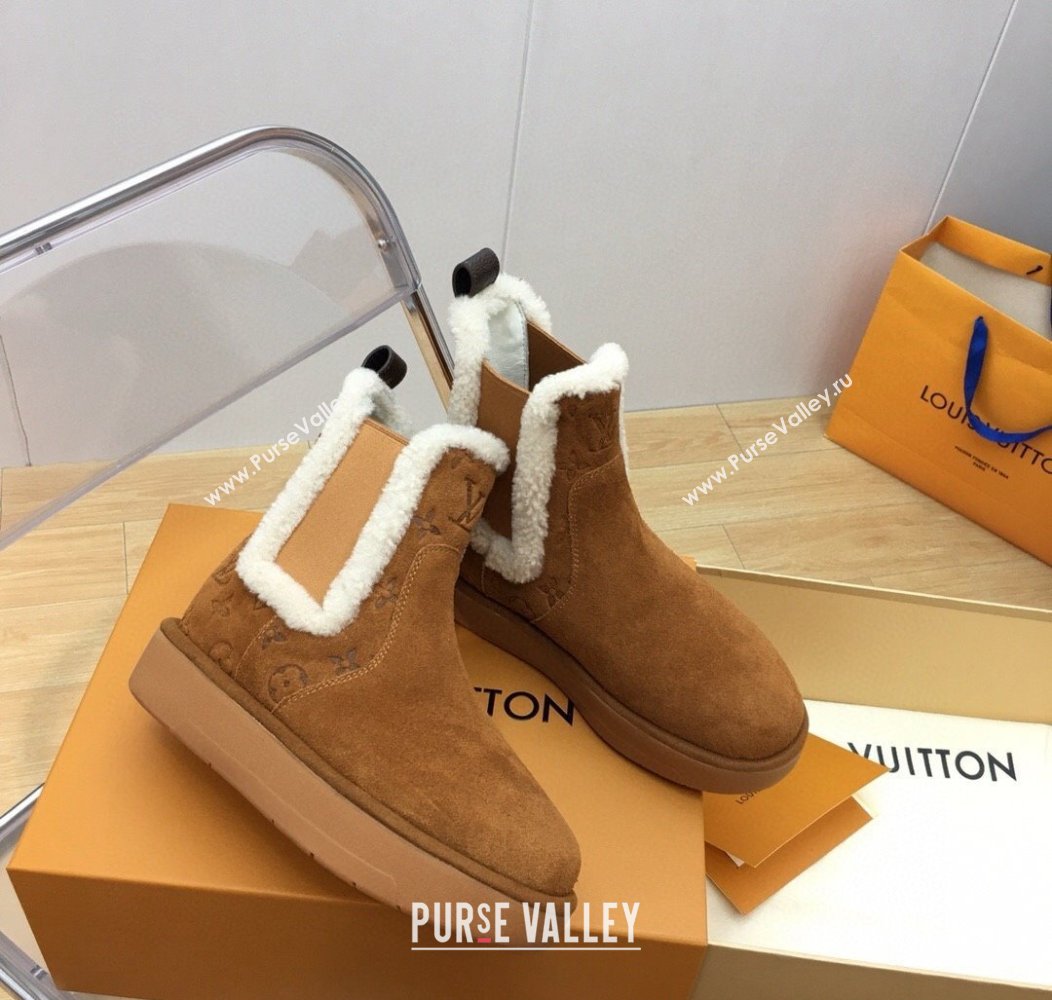 Louis Vuitton Aspen Chelsea Ankle Boots in Monogram Suede and Shearling Wool 1ADC7D Brown 2024 (KER-241114075)