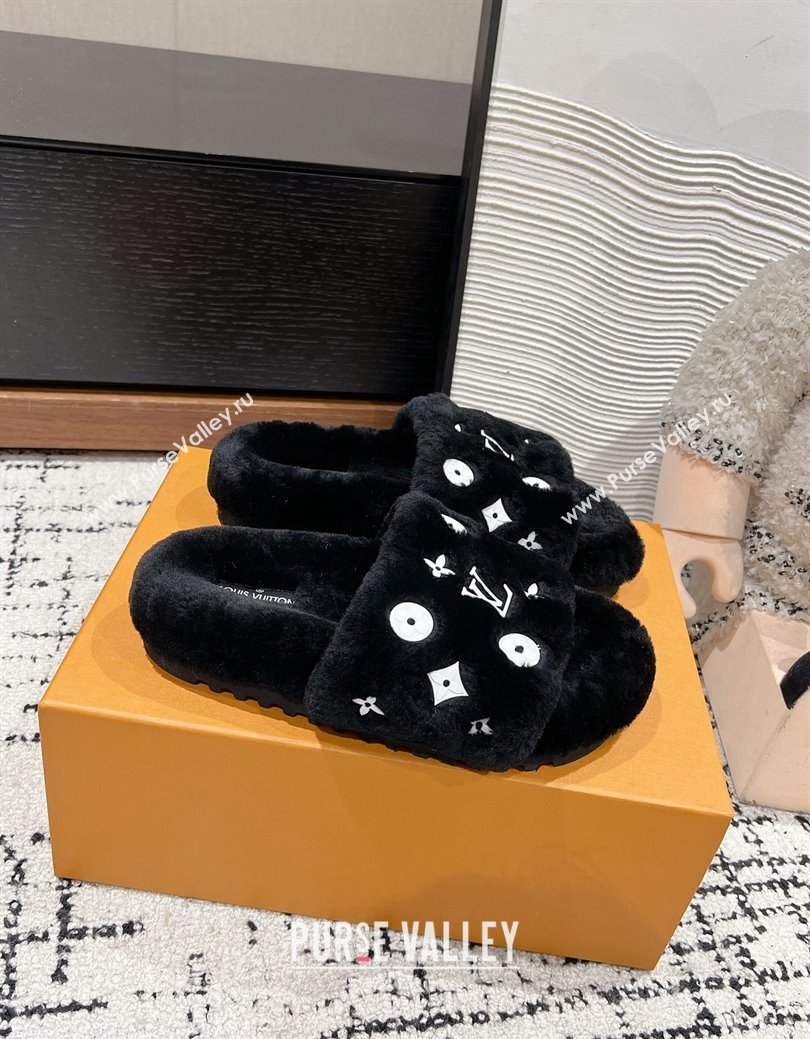 Louis Vuitton Wool Flat Slides Sandal Black 2024 LV1114001 (KL-241114054)