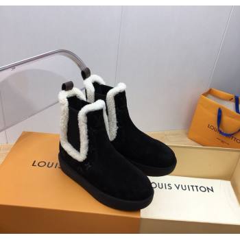 Louis Vuitton Aspen Chelsea Ankle Boots in Monogram Suede and Shearling Wool 1ADC7D Black 2024 (KER-241114076)