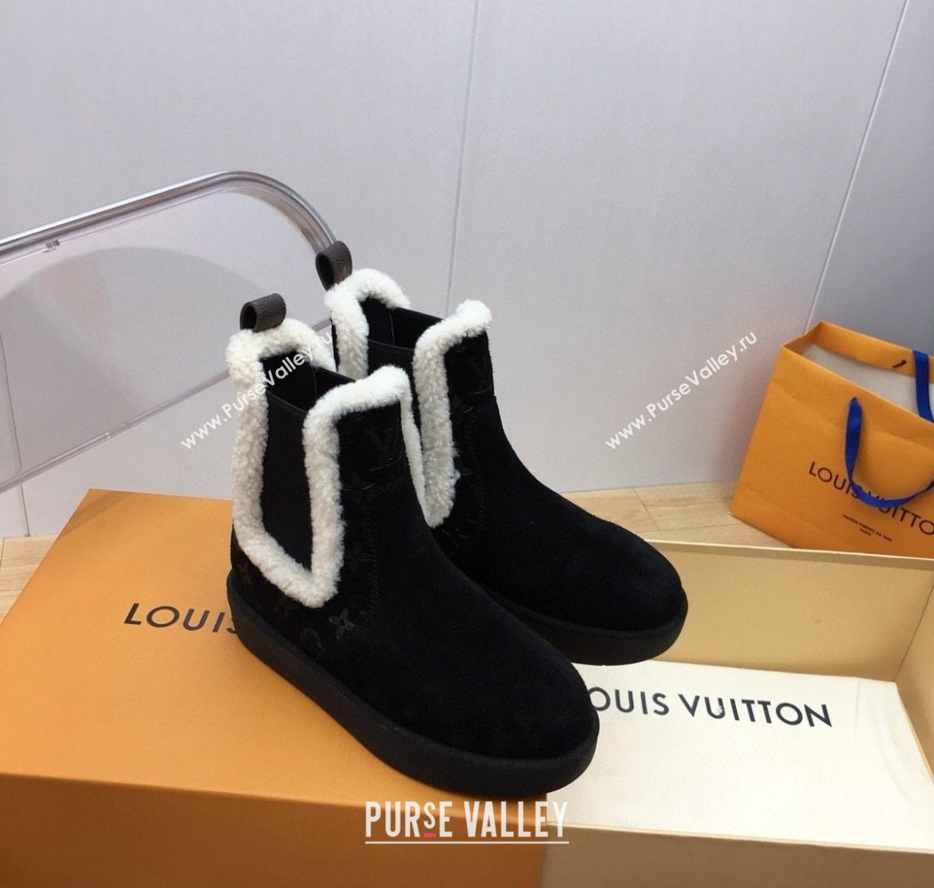 Louis Vuitton Aspen Chelsea Ankle Boots in Monogram Suede and Shearling Wool 1ADC7D Black 2024 (KER-241114076)