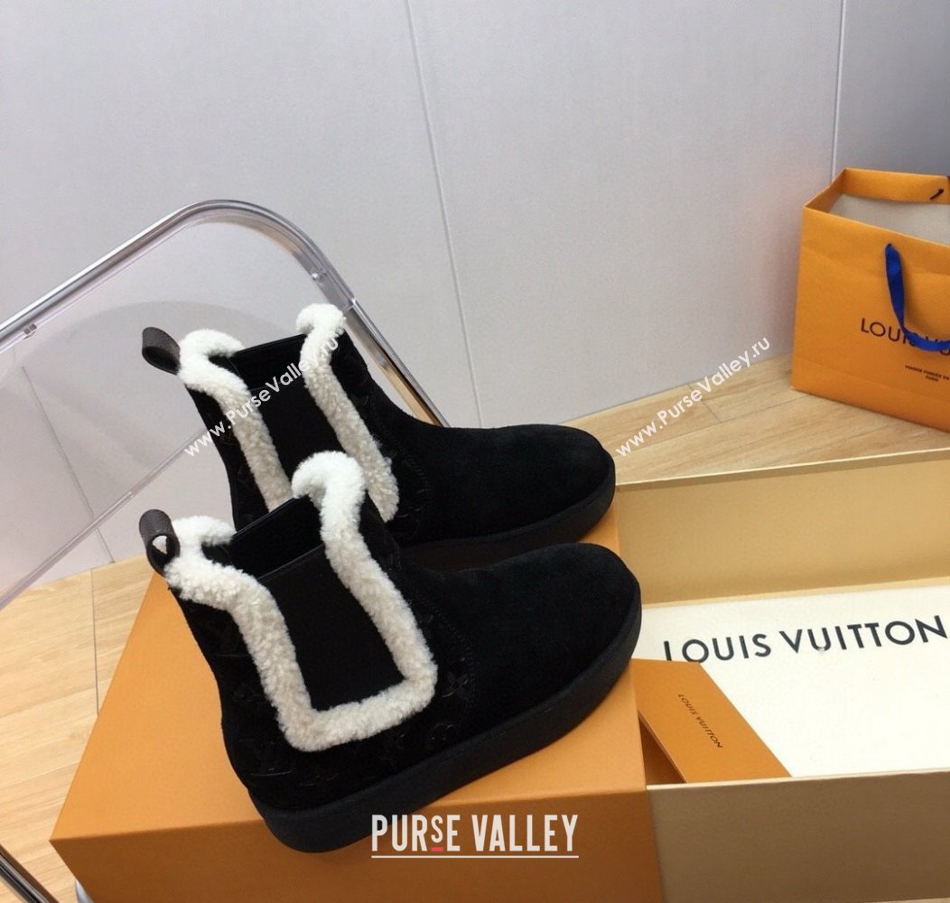 Louis Vuitton Aspen Chelsea Ankle Boots in Monogram Suede and Shearling Wool 1ADC7D Black 2024 (KER-241114076)