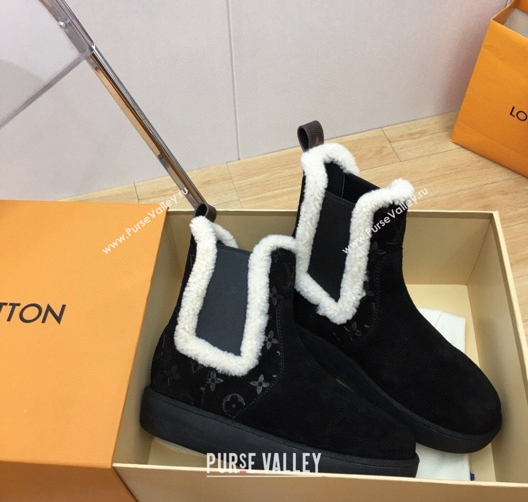 Louis Vuitton Aspen Chelsea Ankle Boots in Monogram Suede and Shearling Wool 1ADC7D Black 2024 (KER-241114076)