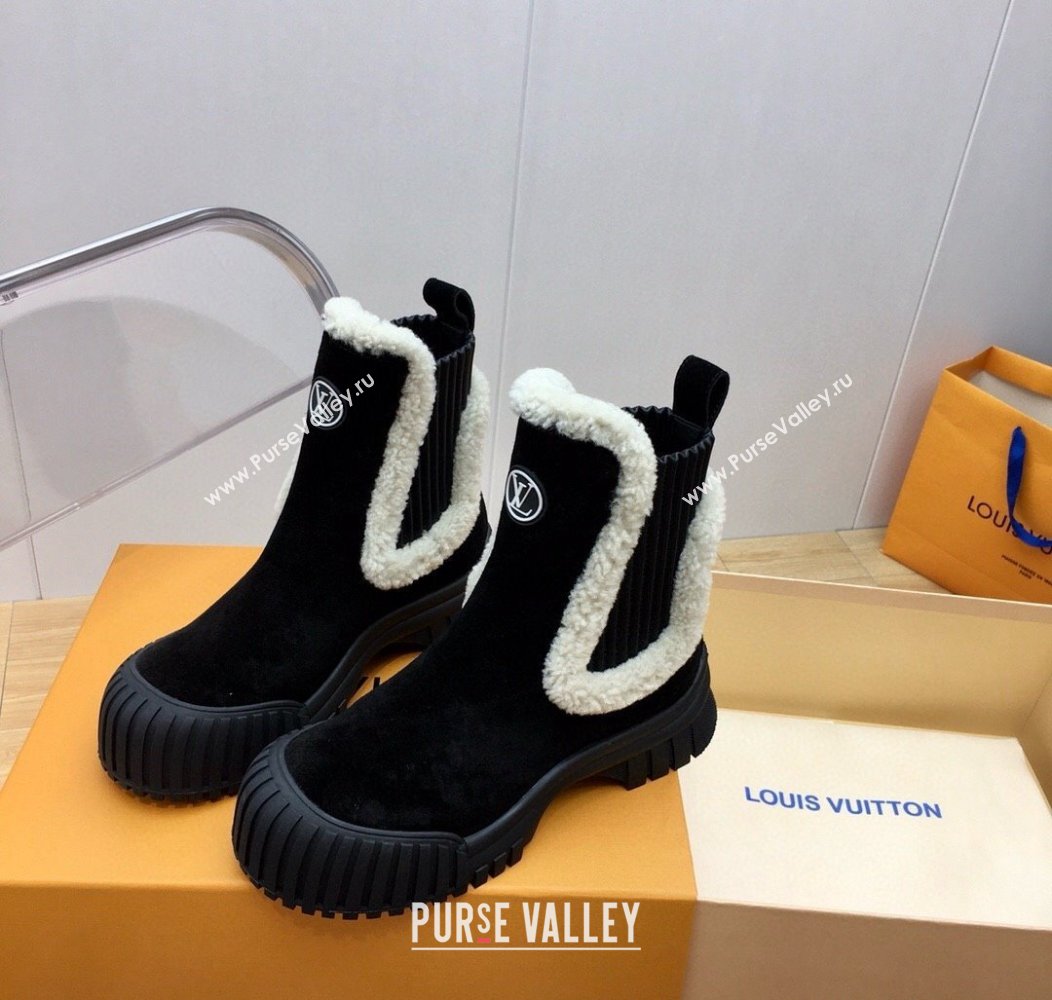 Louis Vuitton Ruby Flat Ankle Boots in Suede and Shearling Wool Black 2024 1AGWFK (KER-241114079)