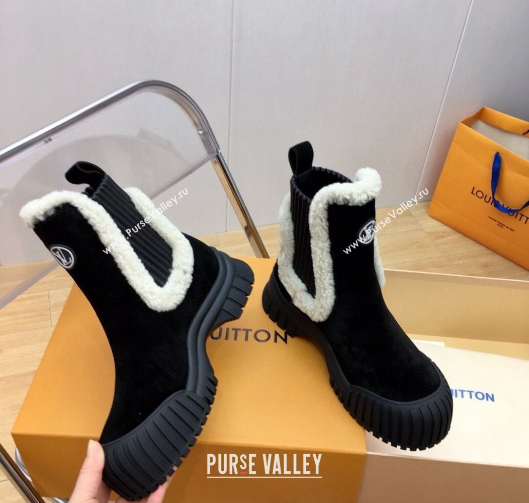 Louis Vuitton Ruby Flat Ankle Boots in Suede and Shearling Wool Black 2024 1AGWFK (KER-241114079)