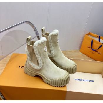 Louis Vuitton Ruby Flat Ankle Boots in Suede and Shearling Wool Beige 2024 1AGWFK (KER-241114080)