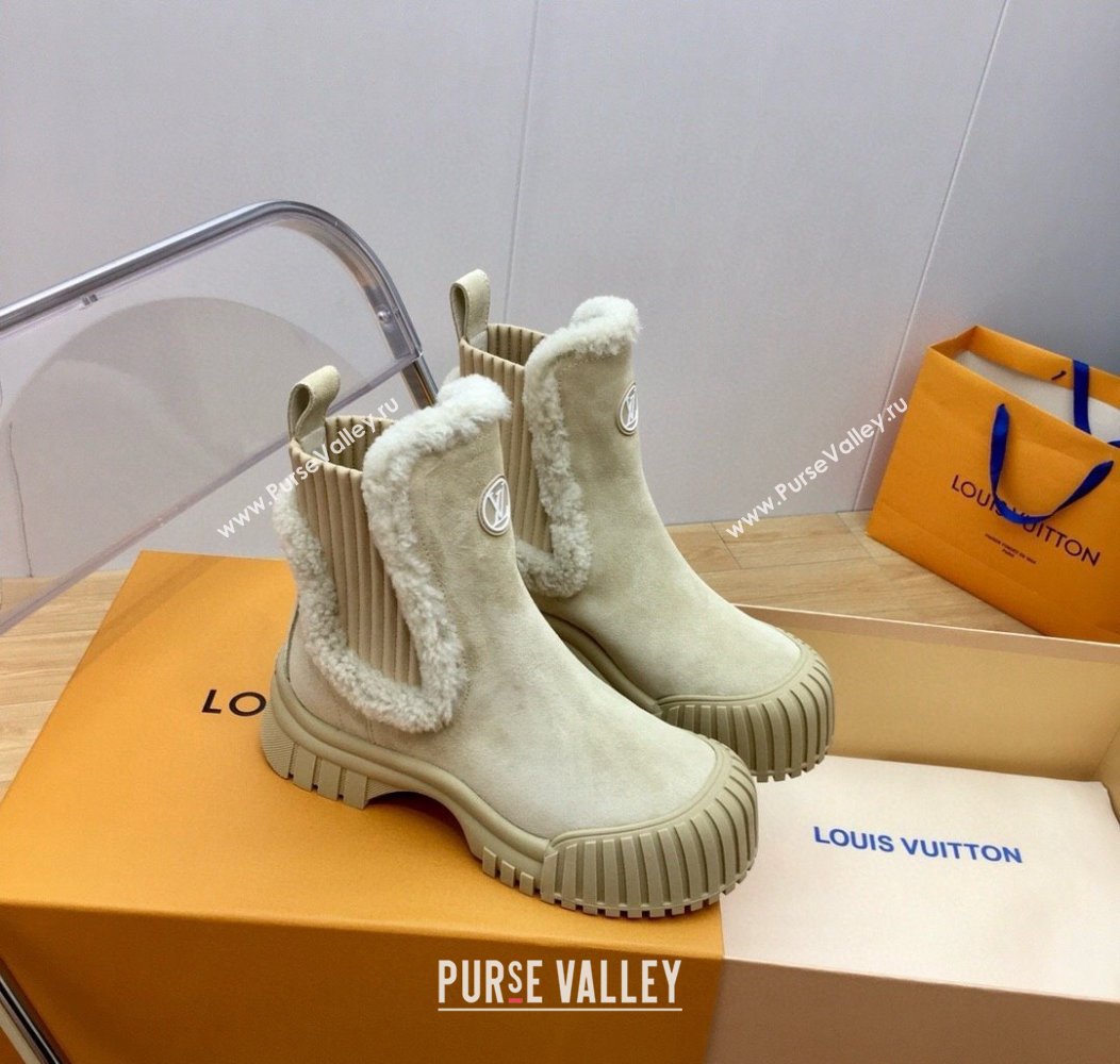 Louis Vuitton Ruby Flat Ankle Boots in Suede and Shearling Wool Beige 2024 1AGWFK (KER-241114080)