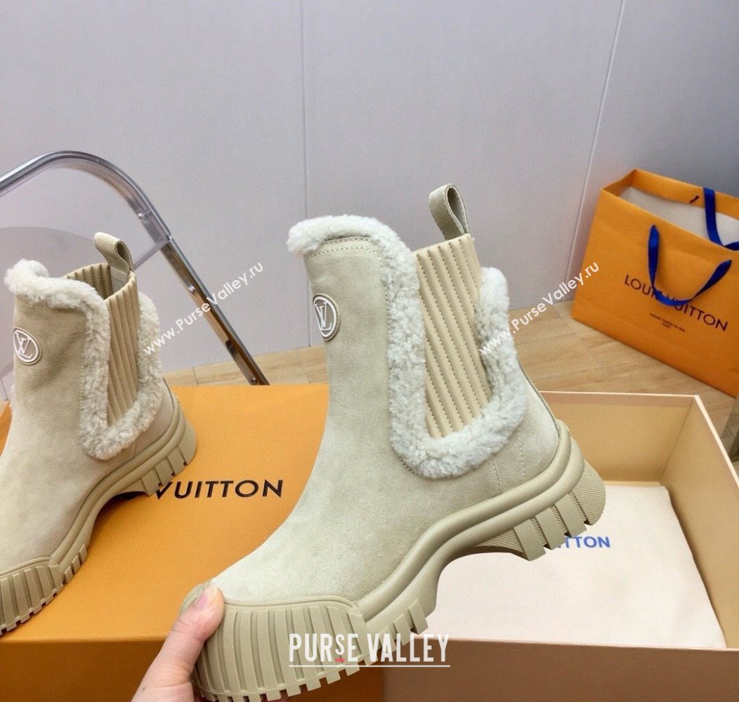 Louis Vuitton Ruby Flat Ankle Boots in Suede and Shearling Wool Beige 2024 1AGWFK (KER-241114080)