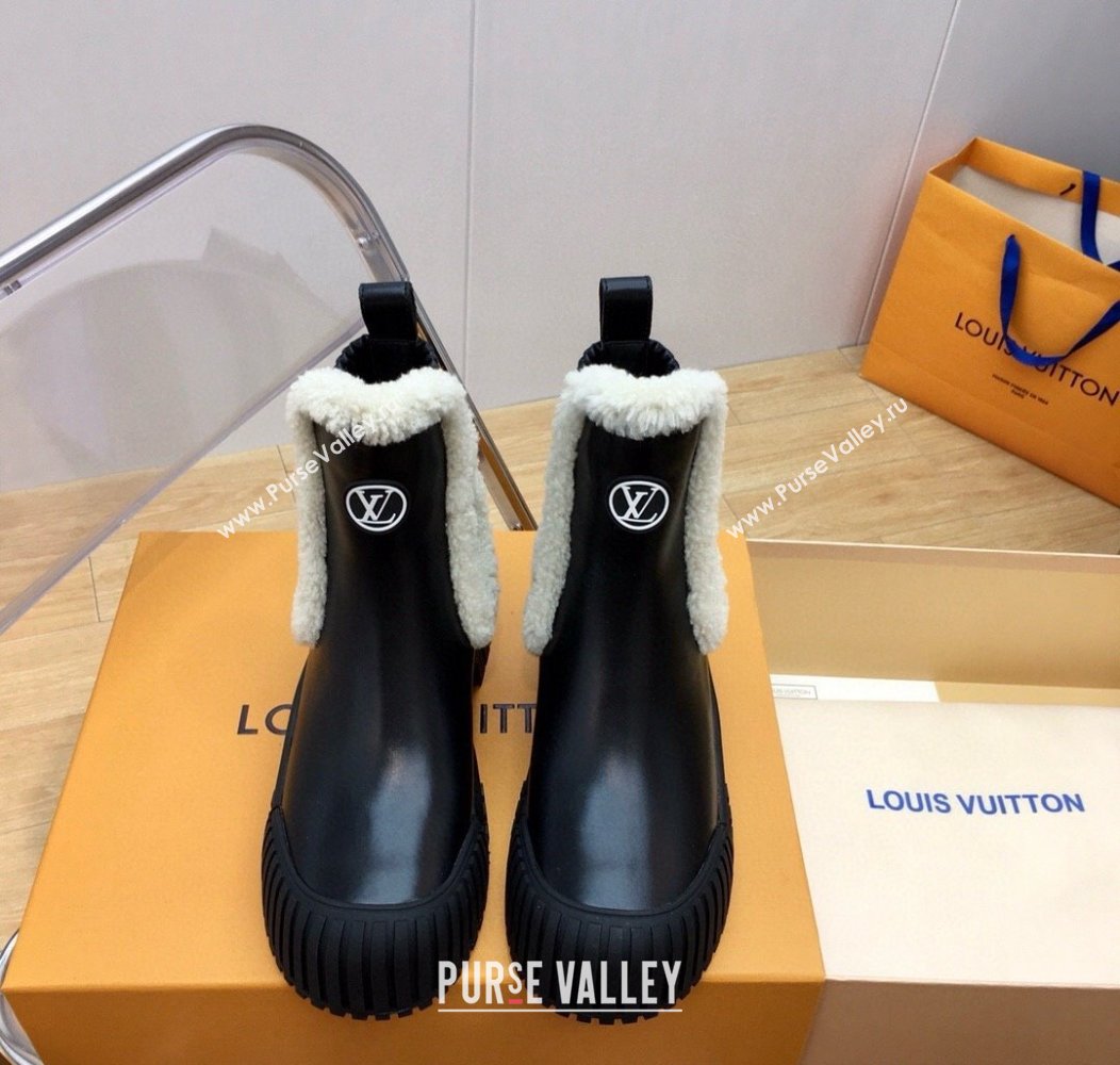 Louis Vuitton Ruby Flat Ankle Boots in Black Leather and Shearling Wool 2024 1AGWFK (KER-241114081)