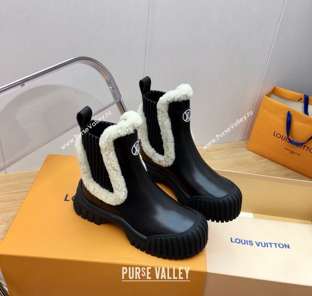 Louis Vuitton Ruby Flat Ankle Boots in Black Leather and Shearling Wool 2024 1AGWFK (KER-241114081)