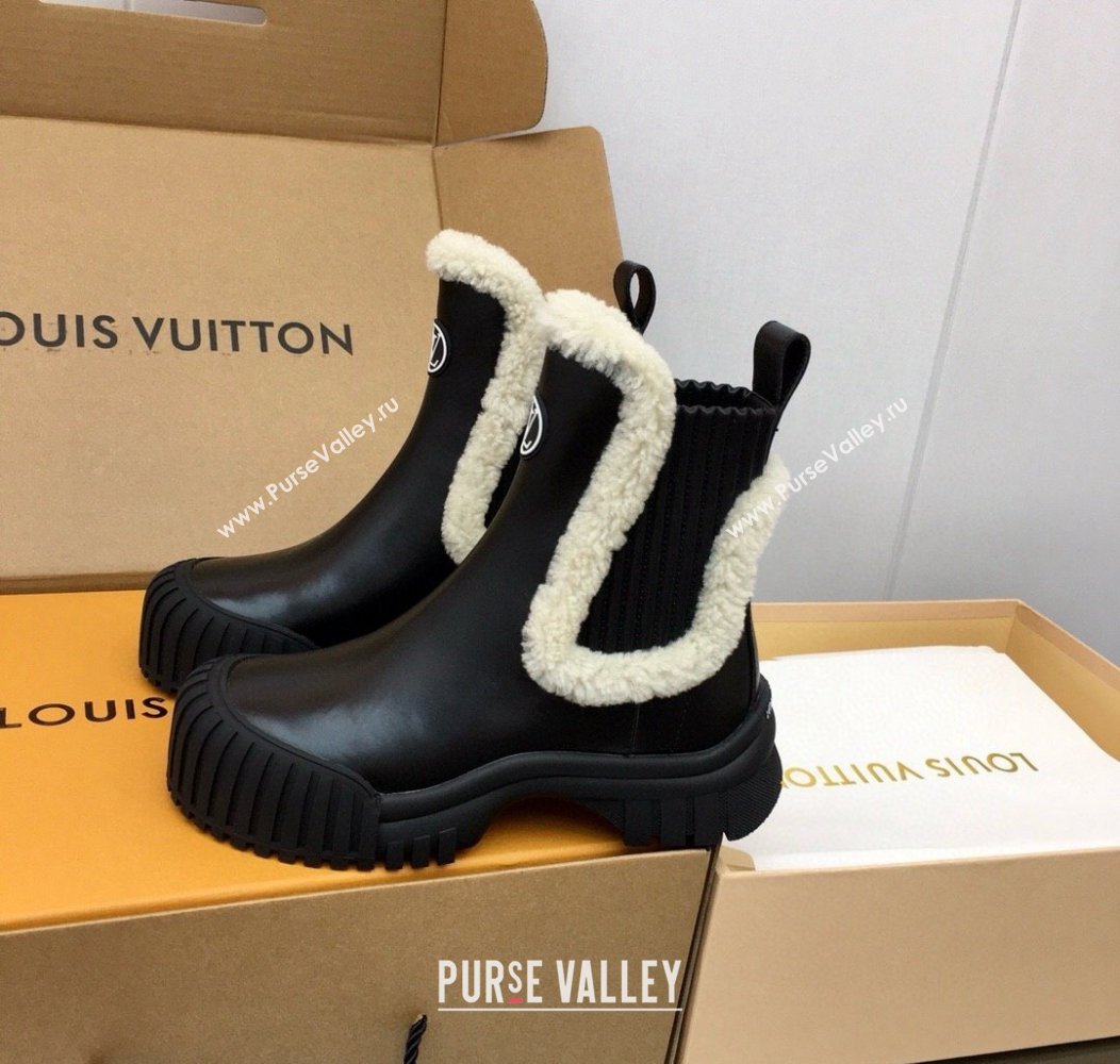 Louis Vuitton Ruby Flat Ankle Boots in Black Leather and Shearling Wool 2024 1AGWFK (KER-241114081)