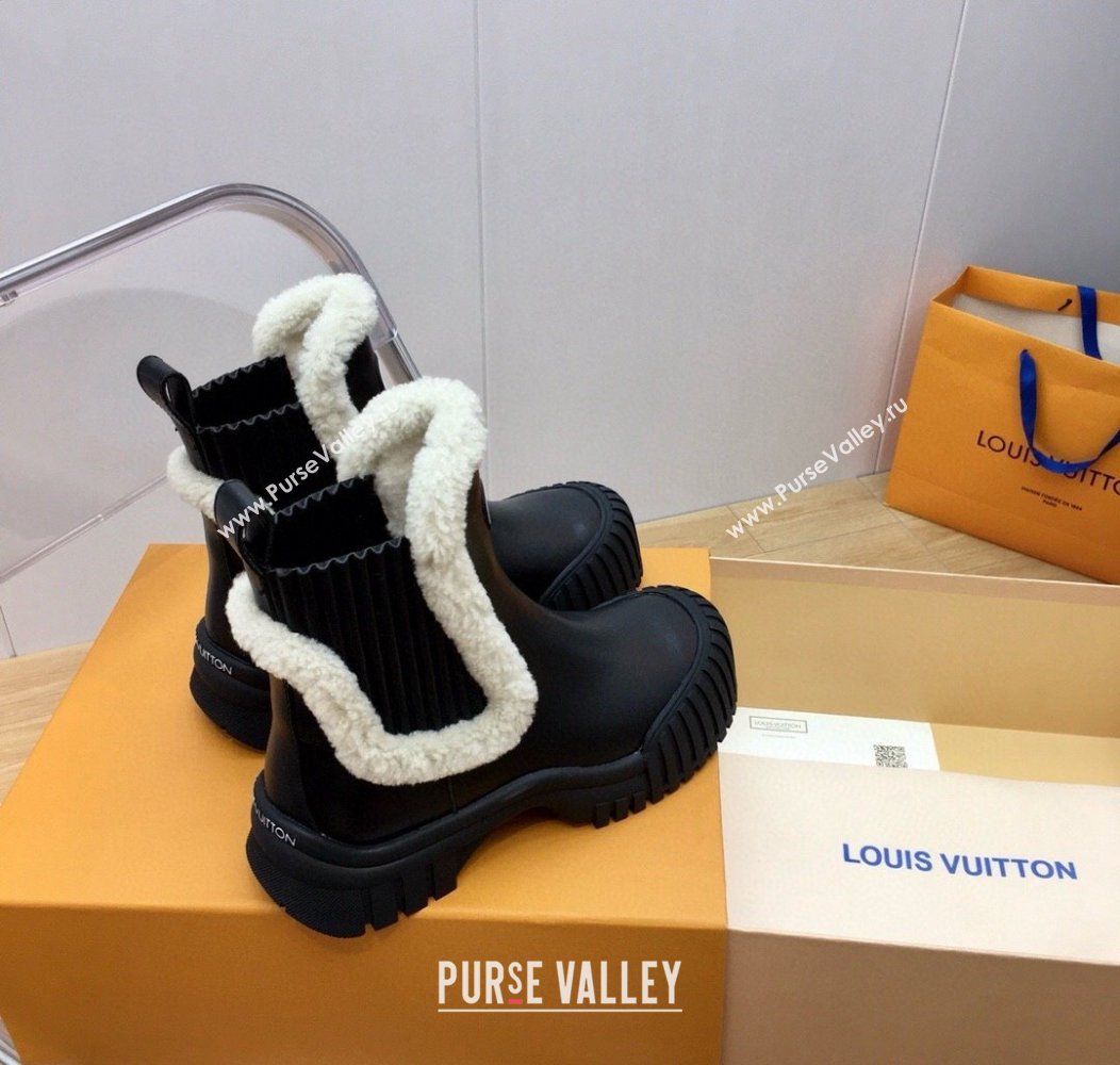 Louis Vuitton Ruby Flat Ankle Boots in Black Leather and Shearling Wool 2024 1AGWFK (KER-241114081)