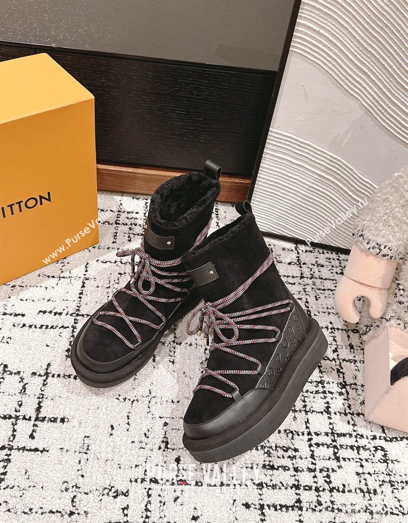 Louis Vuitton Aspen Platform Laces up Ankle Boots in Suede 1AC75R Black 2024 (SS-241114078)