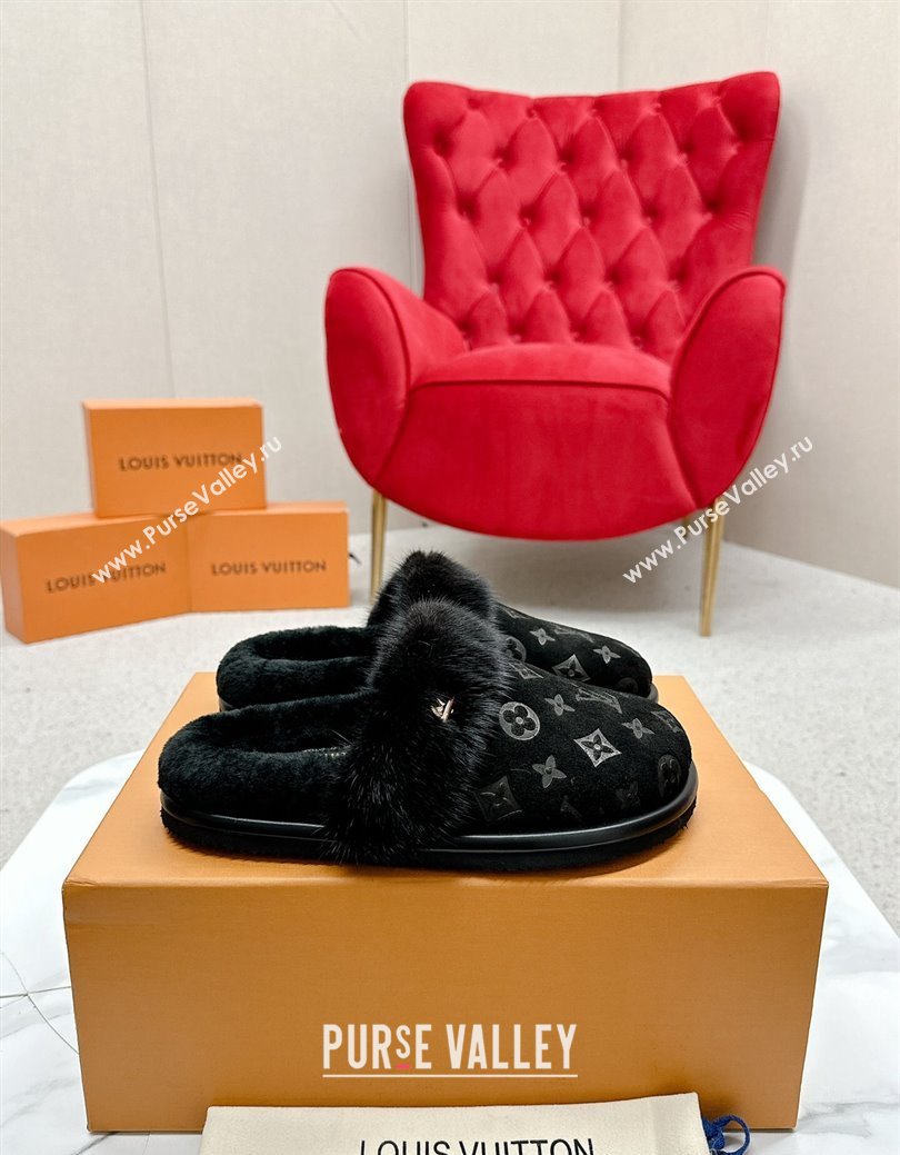 Louis Vuitton LV Cosy Flat Comfort Mules in Suede and Wool Black 2024 LV111403 (SS-241114058)