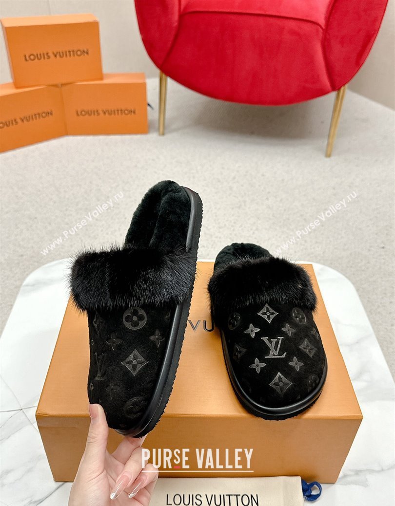 Louis Vuitton LV Cosy Flat Comfort Mules in Suede and Wool Black 2024 LV111403 (SS-241114058)