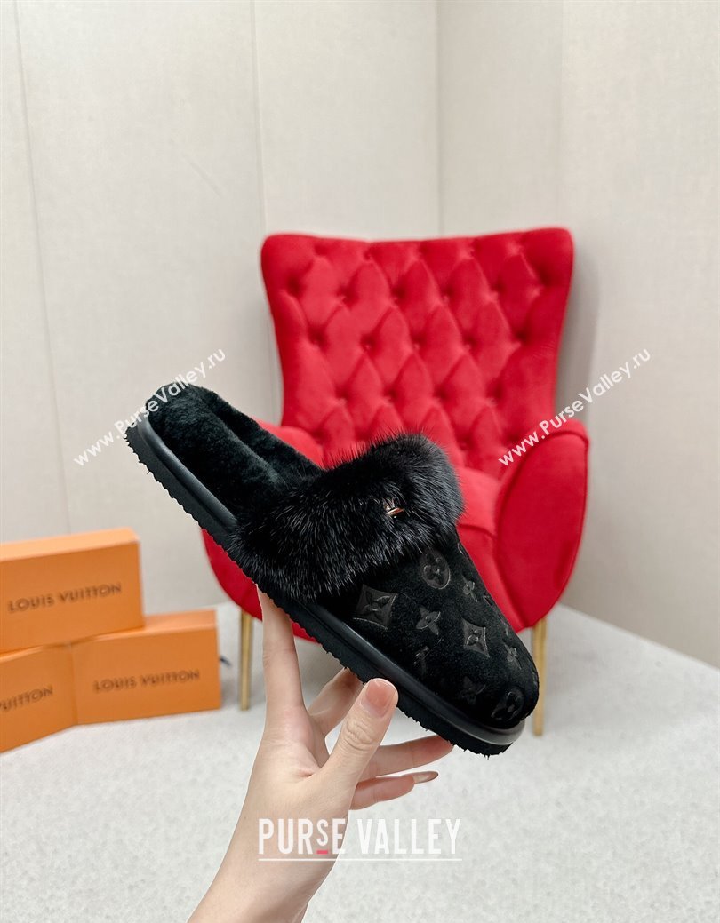 Louis Vuitton LV Cosy Flat Comfort Mules in Suede and Wool Black 2024 LV111403 (SS-241114058)