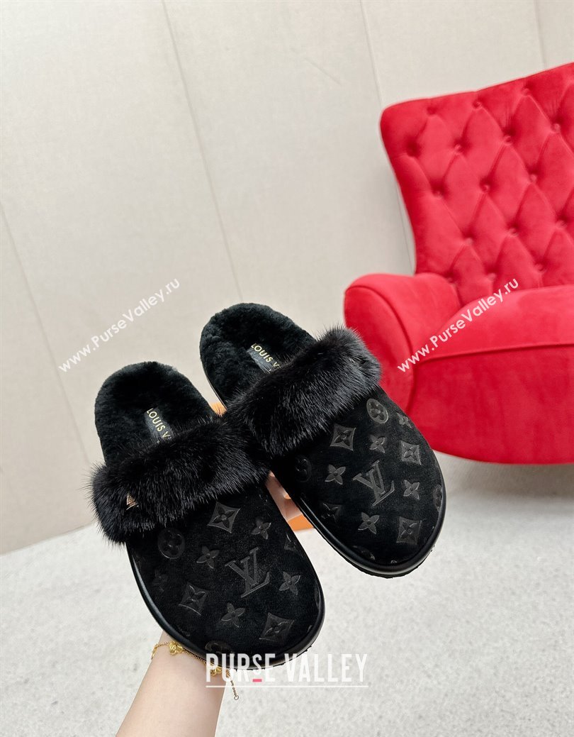 Louis Vuitton LV Cosy Flat Comfort Mules in Suede and Wool Black 2024 LV111403 (SS-241114058)