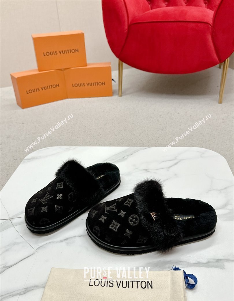 Louis Vuitton LV Cosy Flat Comfort Mules in Suede and Wool Black 2024 LV111403 (SS-241114058)