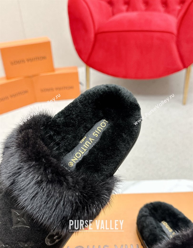 Louis Vuitton LV Cosy Flat Comfort Mules in Suede and Wool Black 2024 LV111403 (SS-241114058)