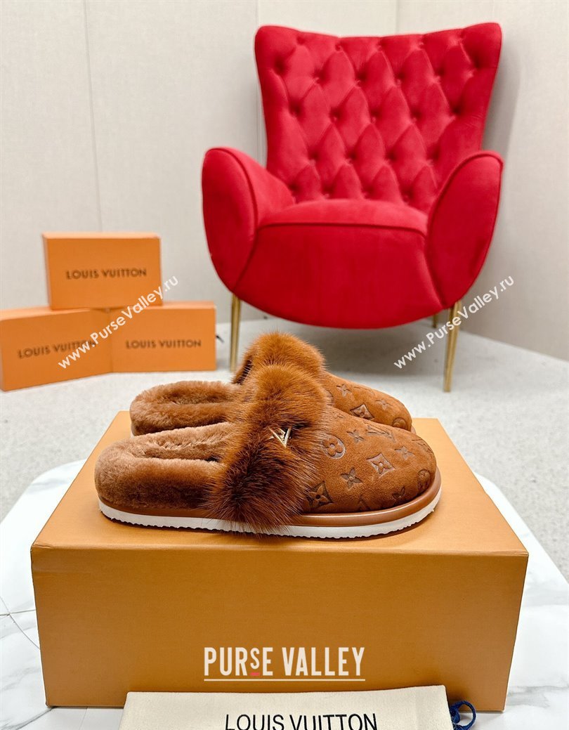 Louis Vuitton LV Cosy Flat Comfort Mules in Suede and Wool Brown 2024 LV111403 (SS-241114060)