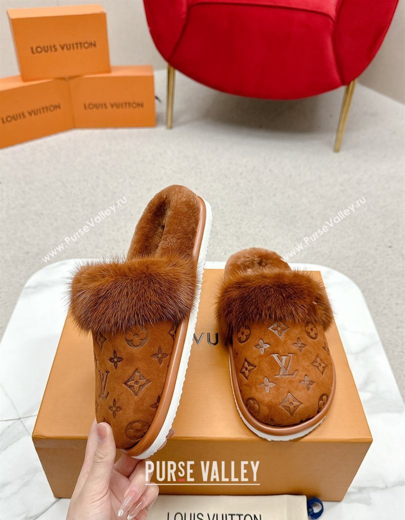 Louis Vuitton LV Cosy Flat Comfort Mules in Suede and Wool Brown 2024 LV111403 (SS-241114060)