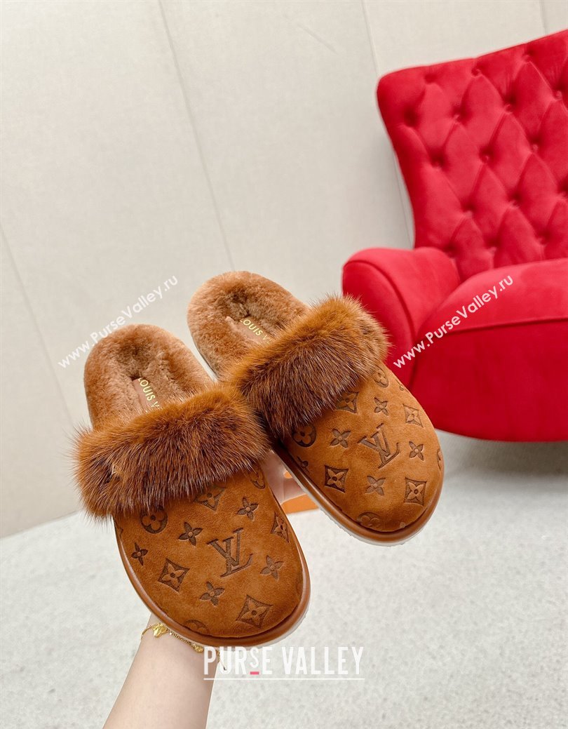 Louis Vuitton LV Cosy Flat Comfort Mules in Suede and Wool Brown 2024 LV111403 (SS-241114060)