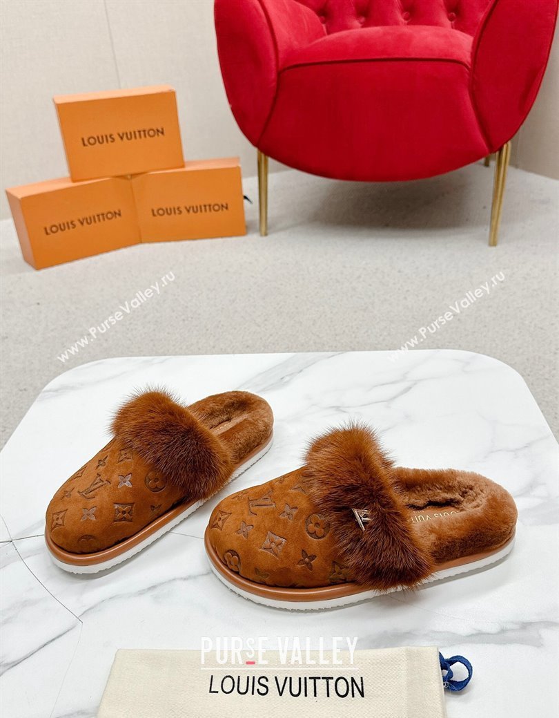 Louis Vuitton LV Cosy Flat Comfort Mules in Suede and Wool Brown 2024 LV111403 (SS-241114060)